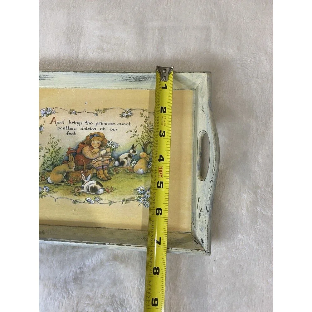 VTG Small Distressed Wooden Tray With Decoupage Image “April Brings The Primrose
